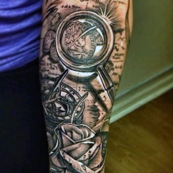Magnifying Glass World Map Tattoo With Rose For Men