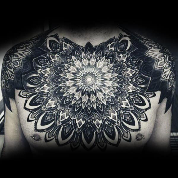 Majestic Floral Pattern Dotwork Tattoo In Black And White Male Back