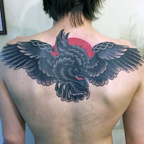 Majestic Grey Raven Tattoo With Pinkish Sun Mens Back