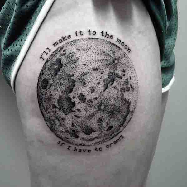 Make It To The Moon Mens Thigh Tattoo Dot Work Design