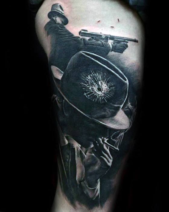 Male 3d Thigh Al Capone Tattoo Design Inspiration