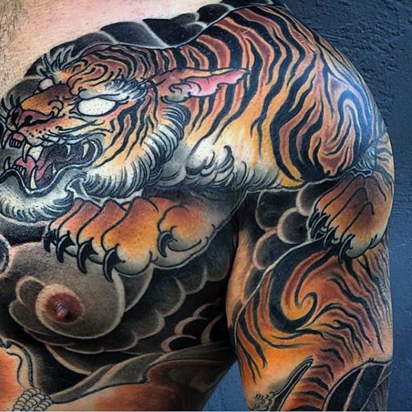 Male 3D Tiger Tattoos On Shoulder