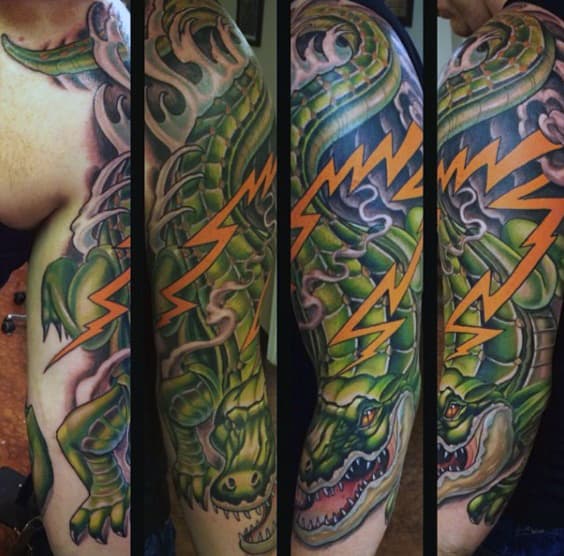 Male Alligator Tattoo With Lightening Bolt Full Sleeve Design Ideas