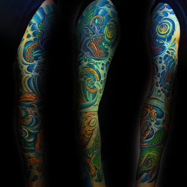 Male Angler Fish Tattoo Underwater Sleeve Design