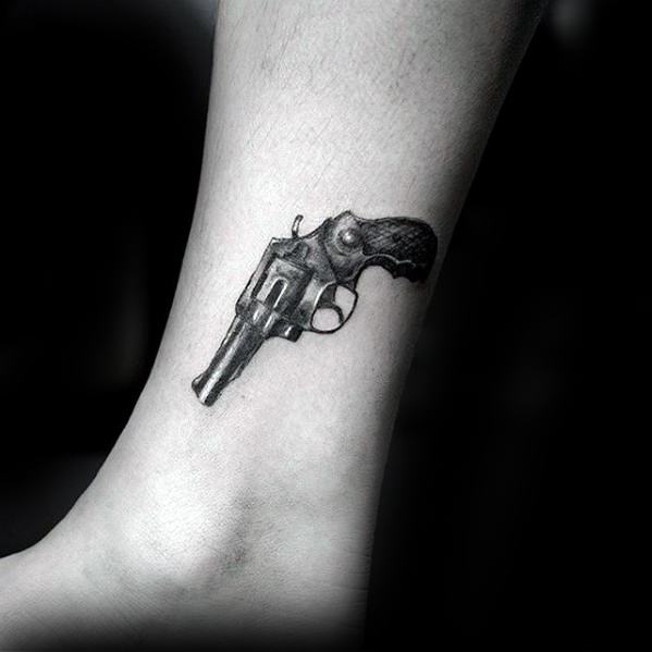 Male Ankle Revolver 3d Realistic Tattoo Design Inspiration