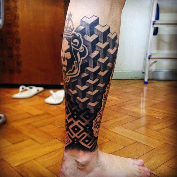 Male Ankles 3D Black And Grey Blocks Tattoo