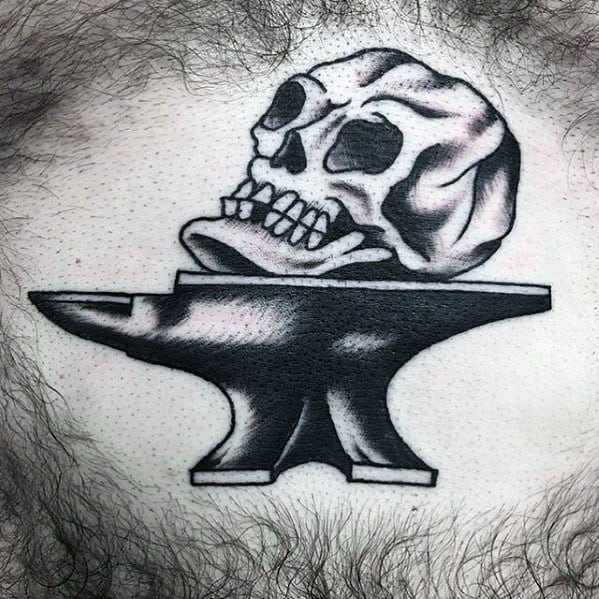 Male Anvil Skull Chest Traditional Tattoo Ideas
