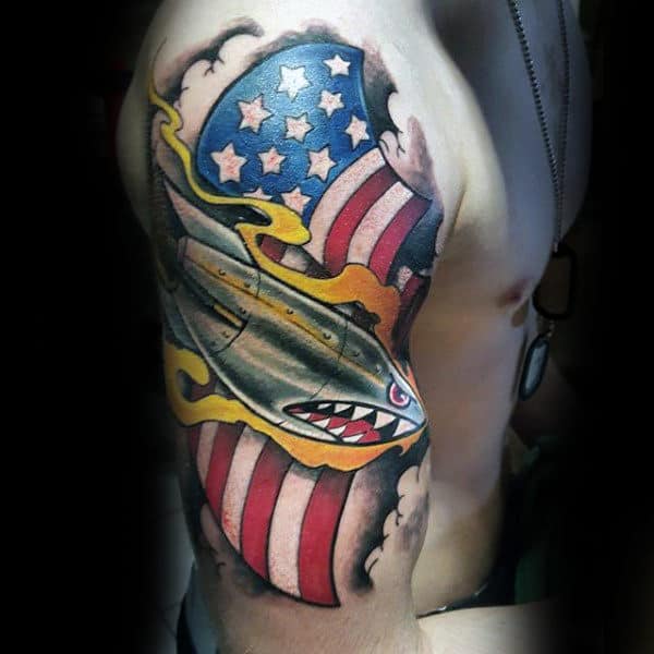 Male Arm Bomb Ripping USA Flag Tattoo