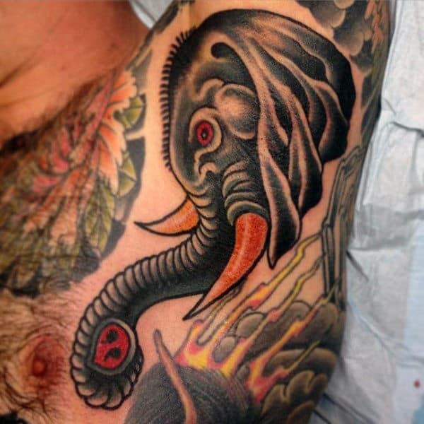 Male Armpits Orange Tusked Elephant Tattoo