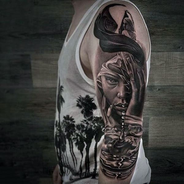 Male Arms Black And Grey Lady And Droplets Tattoo