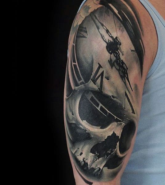 Male Arms Black And White Skull And Clock Tattoo