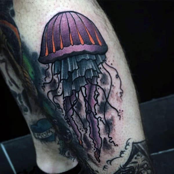 Male Arms Purplehood Jellyfish And Black Tentacles Tattoo