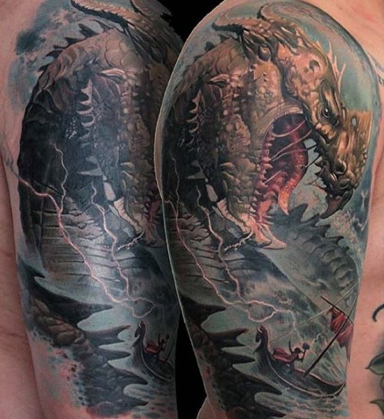 Male Arms Realistic Dragon Over Rough Seas Tattoo