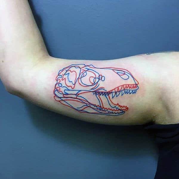 Male Arms Red Blue Drawing Of Dinosaur Head Tattoo