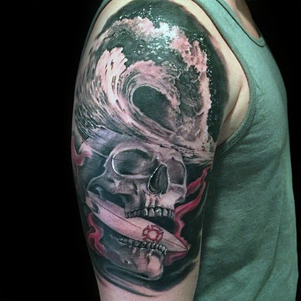 Male Arms Skull With Knife And Surf Tattoo
