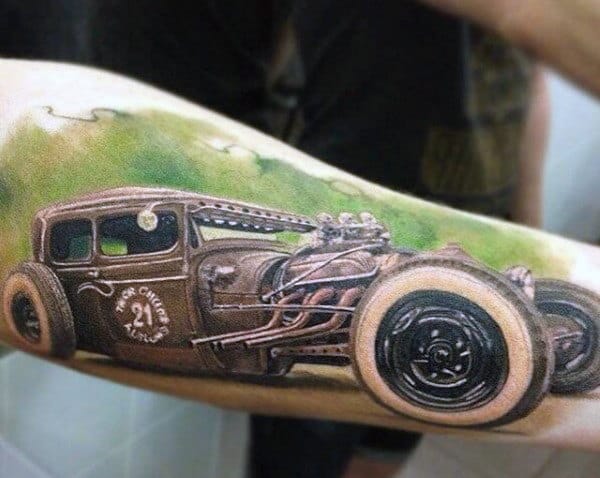 Male Automotive Tattoo Designs With White Wall Tires