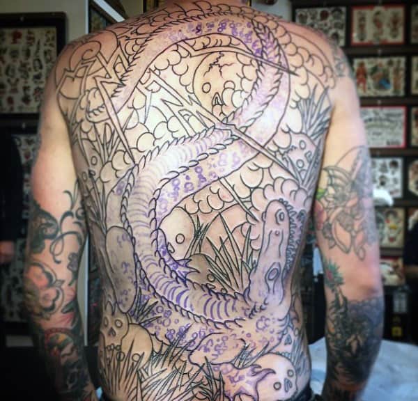 Male Back Alligator In Forest Tattoo