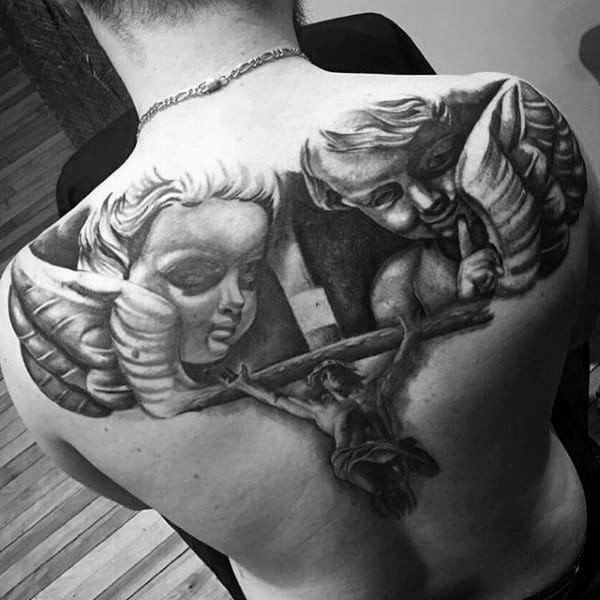 Male Back Black And Grey Jesus On Cross And Angels Tattoo
