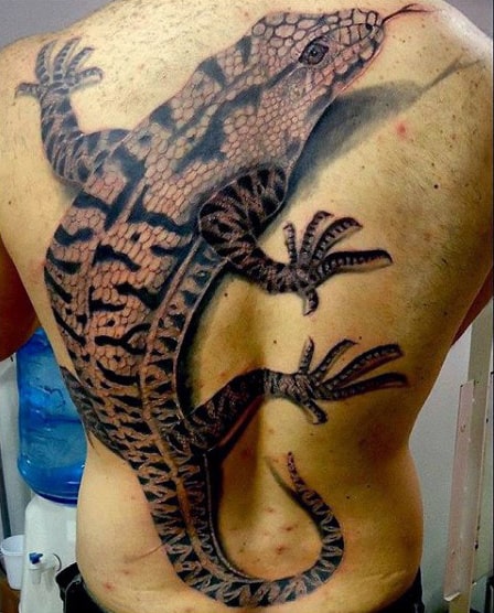 Male Back Enormous Lizard Tattoo