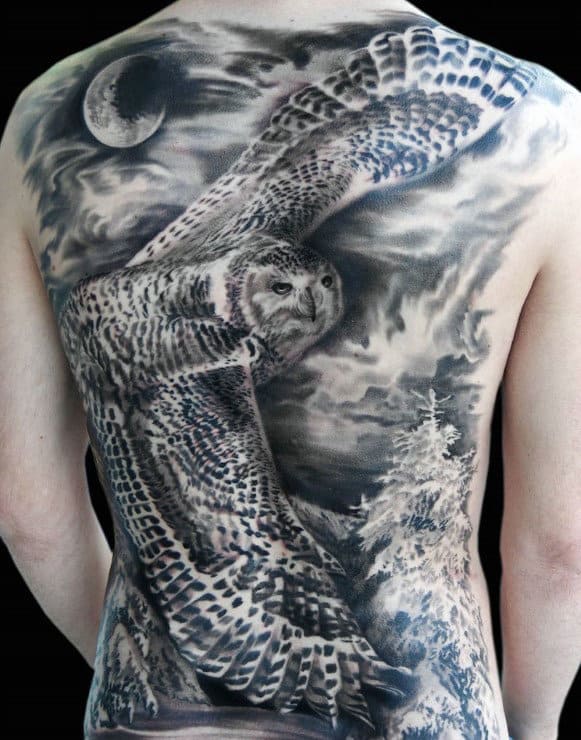 Male Back Long Winged Black And Grey Tattoo