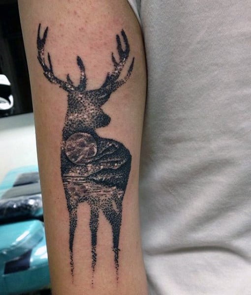 Male Back Of Arm Deer And Moonlight Tattoo Inspiration