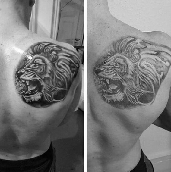 Male Back Of Shoulder Blade Lion Tattoos