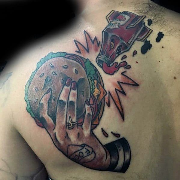 Male Back Old School Traditional Ketchup Bottle Rocket With Cheeseburger Tattoo Ideas
