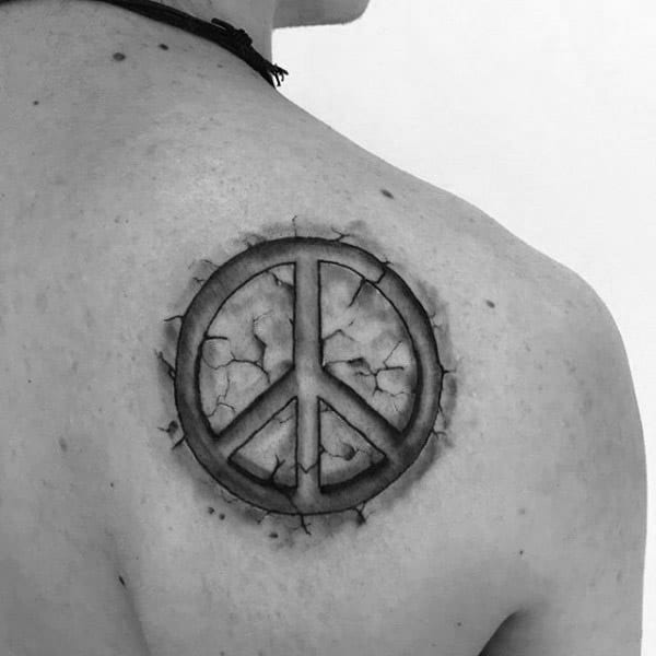 Male Back Peace Sign Stone Tattoos