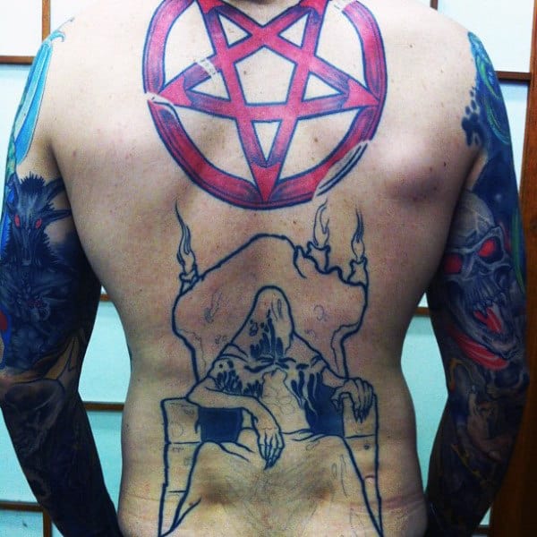 Male Back Red Pentagram Tattoo