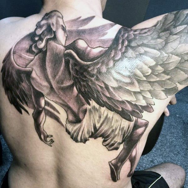 Male Back Tattoo Of 3d Winged Guardian Angel