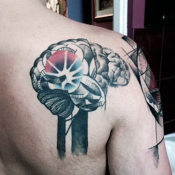 Male Back Unique Brain Tattoo