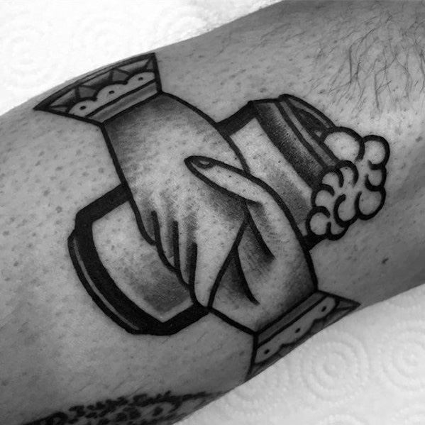 Male Beer Mug Handshake Traditional Leg Tattoo