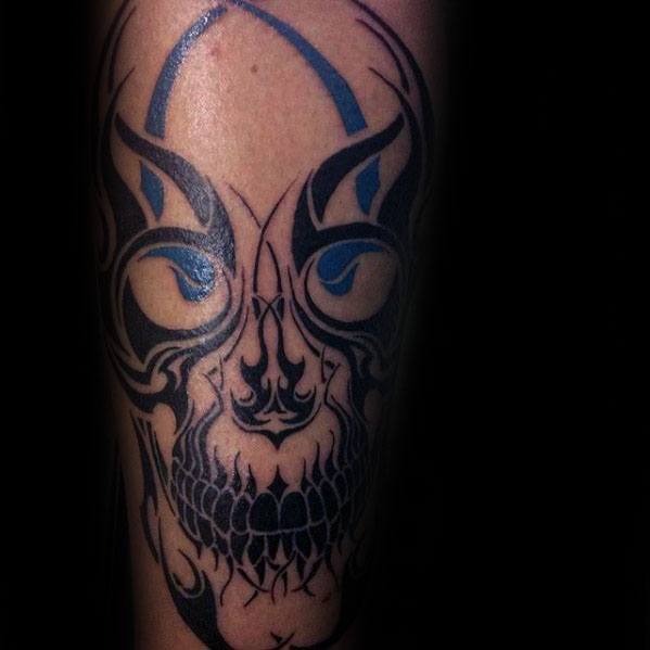 Male Blue And Black Tribal Skull Tattoo Ideas