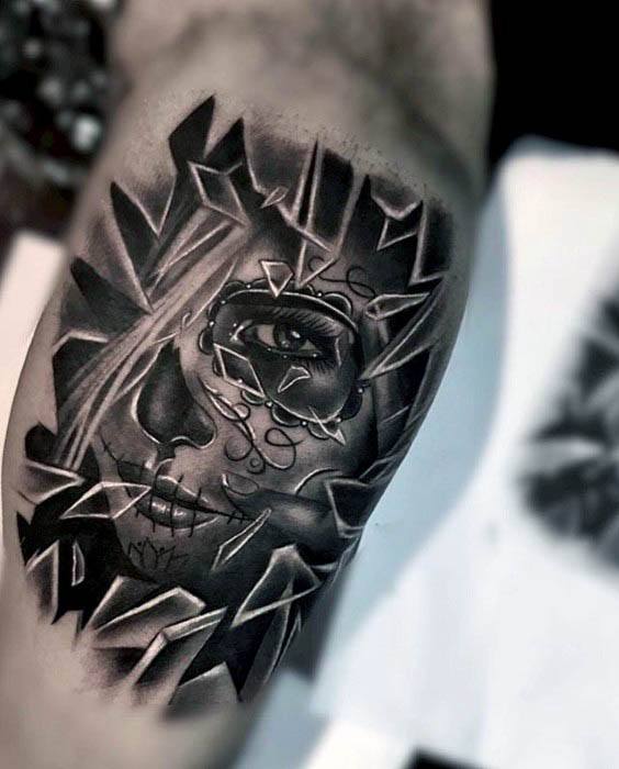 Male Broken Glass Inner Arm Bicep Tattoo Ideas