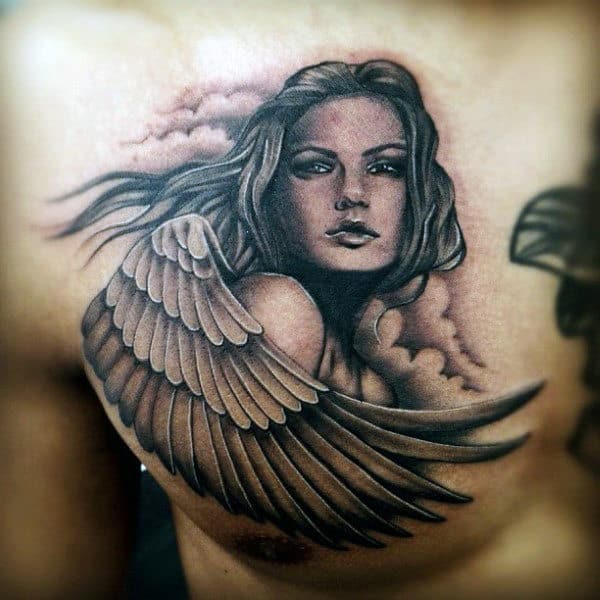 Male Chest Alluring Guardian Angel With Wings Tattoo