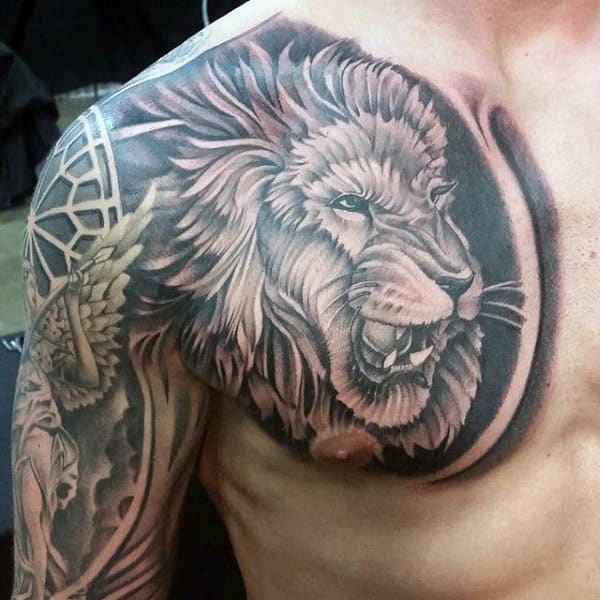 Male Chest Black And Grey Majestic Lion Tattoo