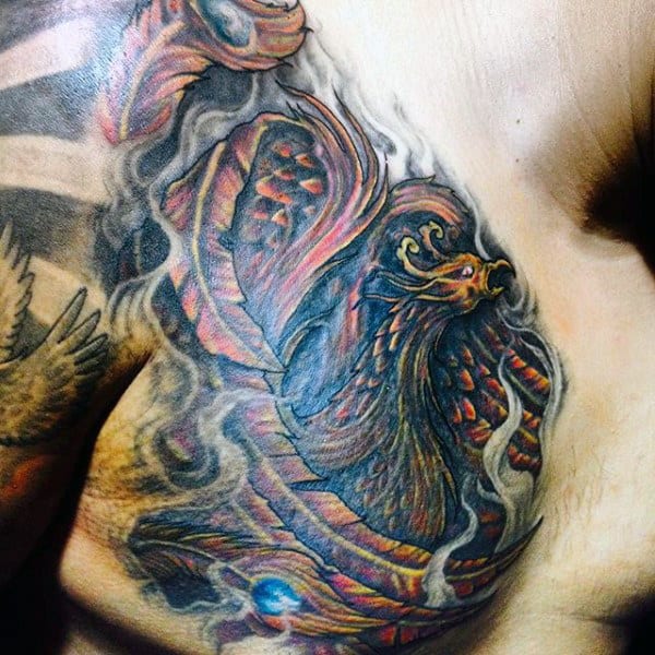 Colorful Chinese Dragon Vs Phoenix Tattoo On Full Back