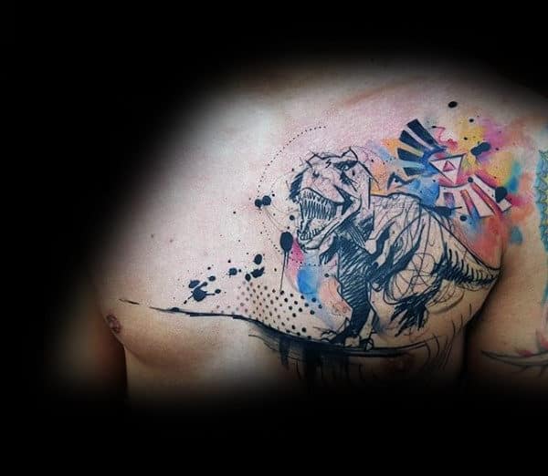 Male Chest Dinosaur With Colorful Graphical Art Tattoo