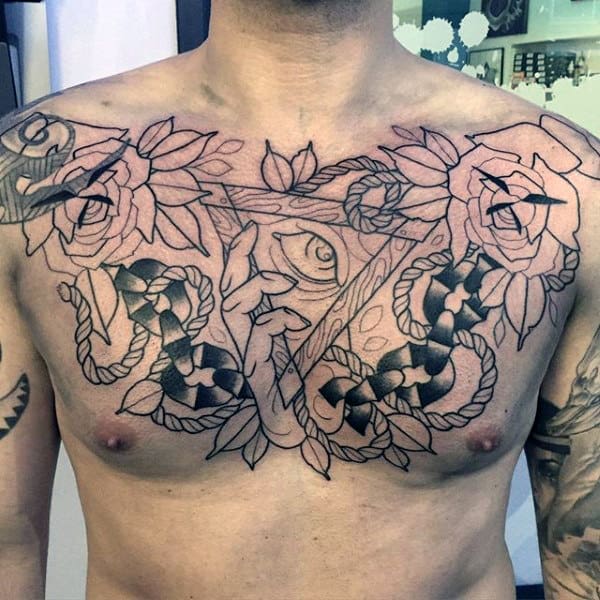 Male Chest Flowers And Rope Tattoo