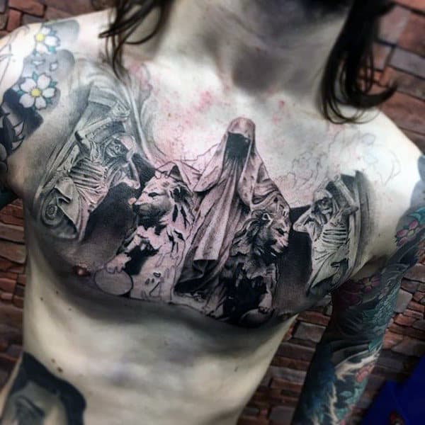 Male Chest Hooded Man And Lions Tattoo