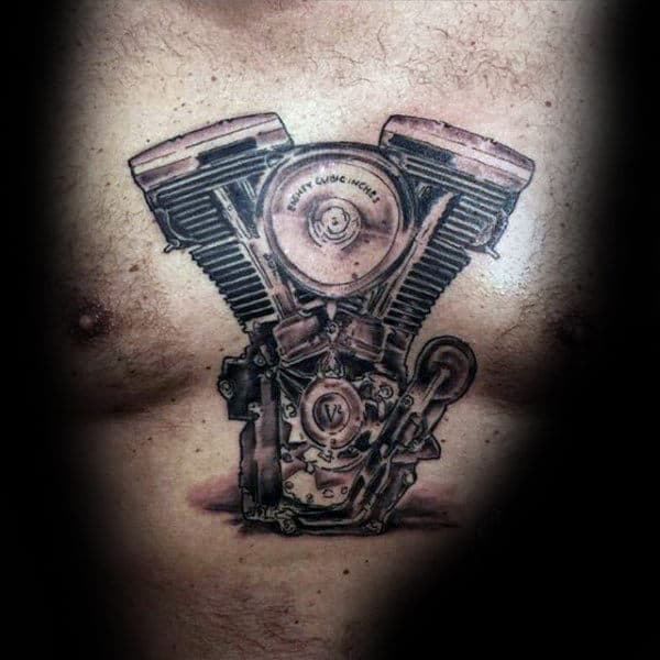 Male Chest Motorcycle Engine Tattoo
