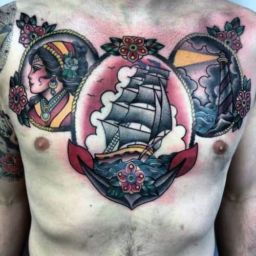 Male Chest Ship With Anchor Cool Traditional Tattoos