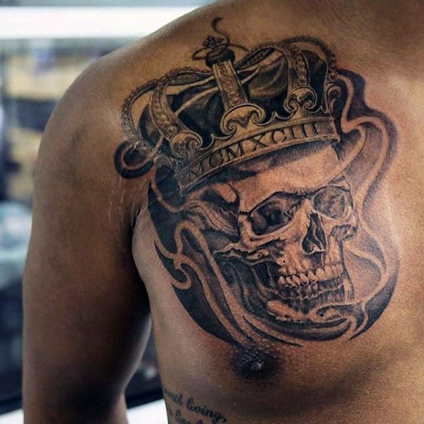 Male Chest Skull With Imperial Crown Tattoo