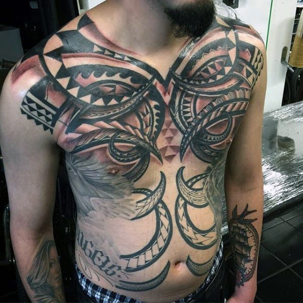 Male Chest Tattoo With Badass Tribal Design