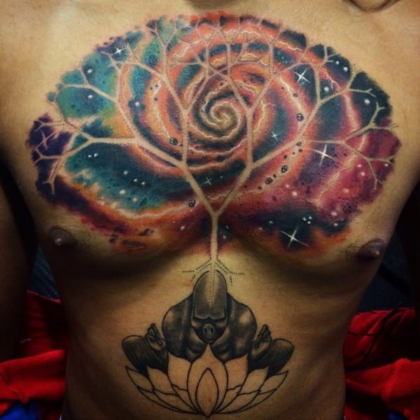 Male Chest Universal Watercolor Tree Lotuspose Tattoo