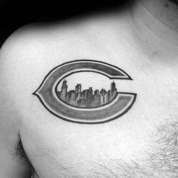 Male Chicago Skyline Bears Upper Chest Tattoo Design Inspiration