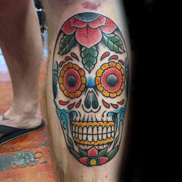 Male Colorful Sugar Skull Tattoo On Leg