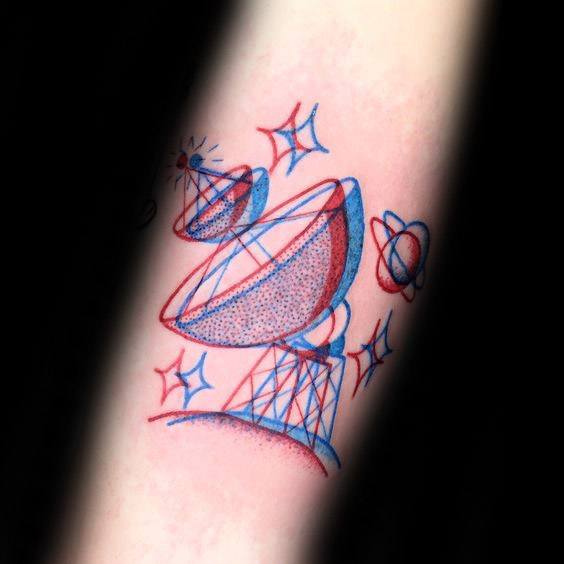 Male Cool 3d Blue And Red Ink Satellite Tattoo Ideas On Forearms