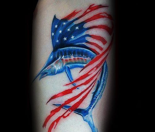 Male Cool American Flag Themed Swordfish Tattoo Ideas On Arm