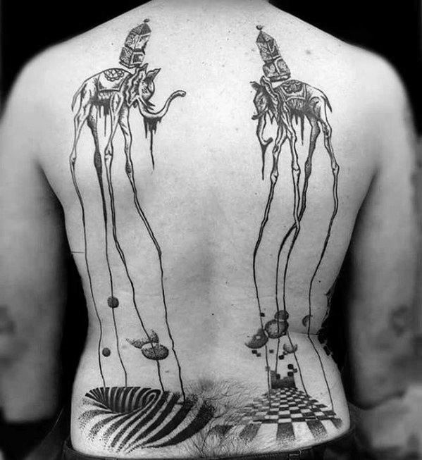 Male Cool Back Themed Salvador Dali Elephant Tattoo Ideas